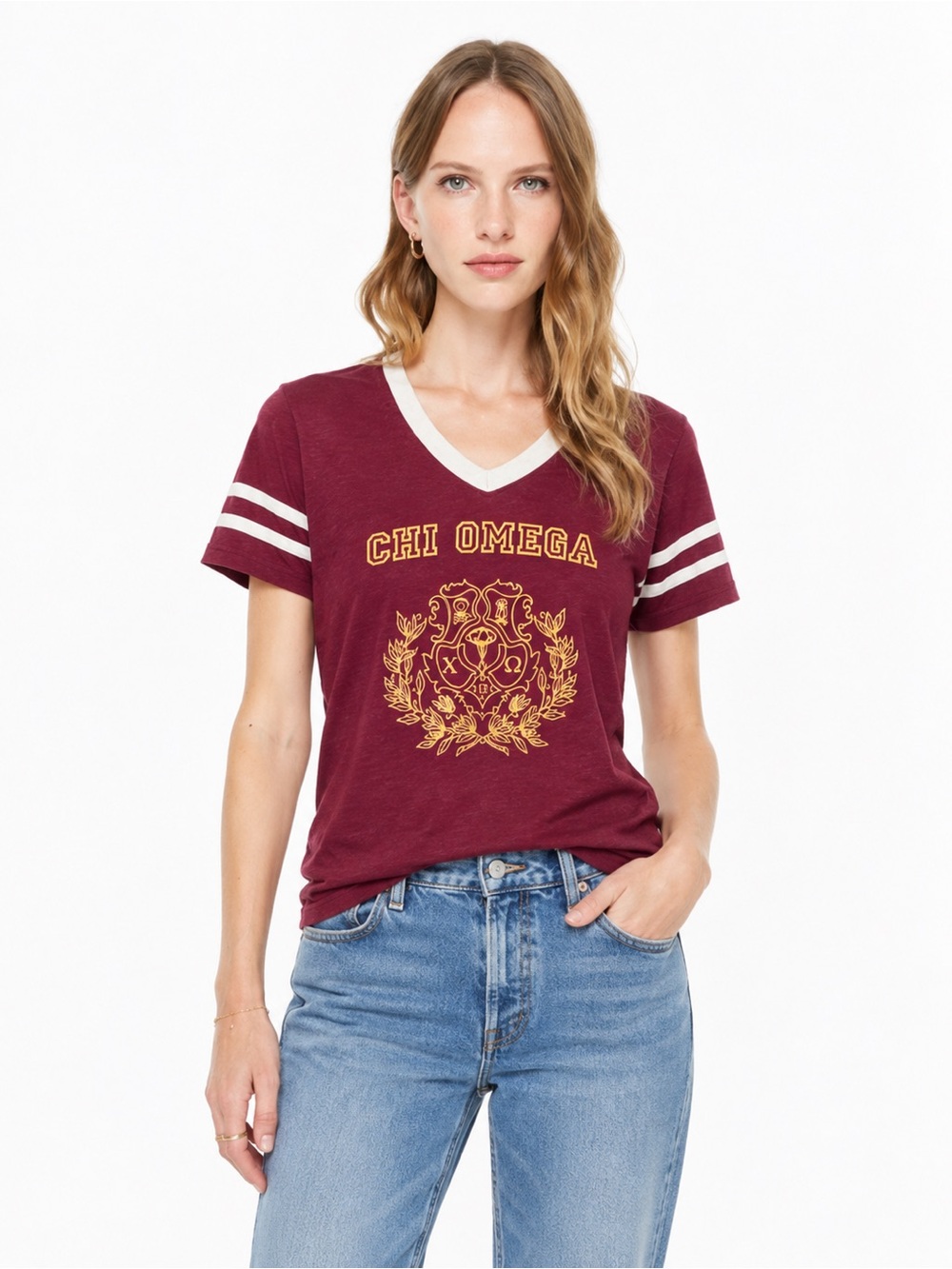 Vintage Chi Omega College Tee Shirt Short Sleeve V Neck 465
